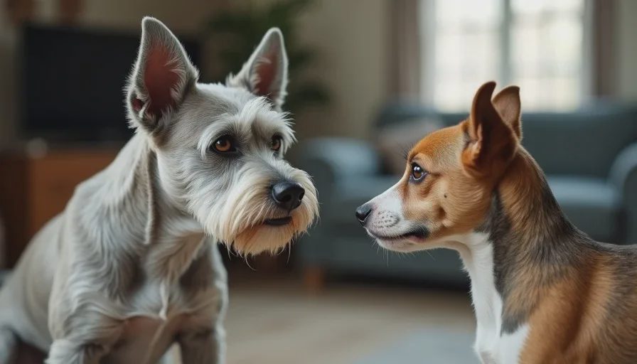 Maple’s low-intensity boundary setting Senior dog offering a clear correction to a younger dog