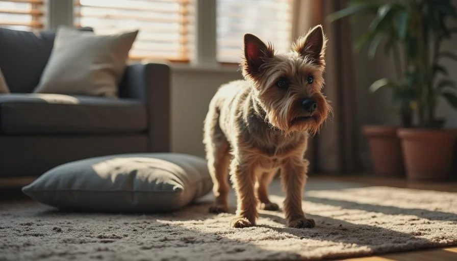 Ziggy in the early days of separation anxiety Scruffy terrier mix holding a torn sofa cushion in a sunlit living room