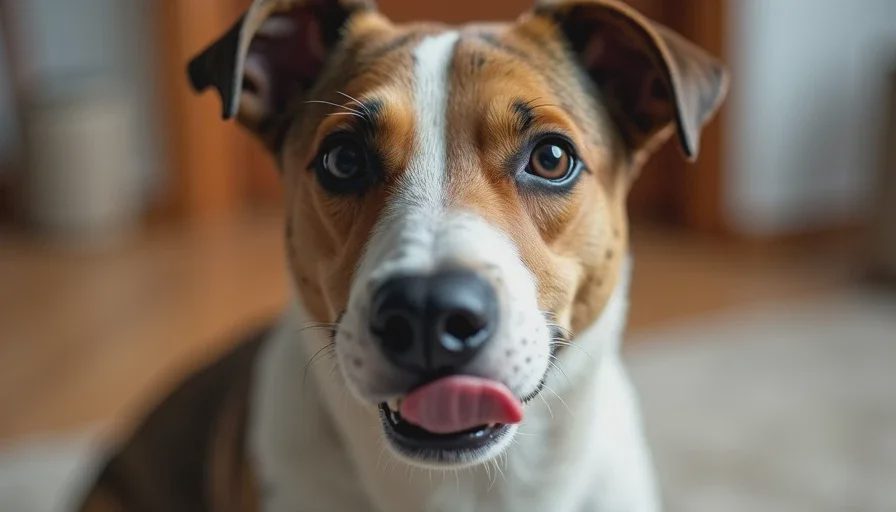 Early yellow-zone signals most people miss Close-up of a terrier mix showing whale eye and lip lick