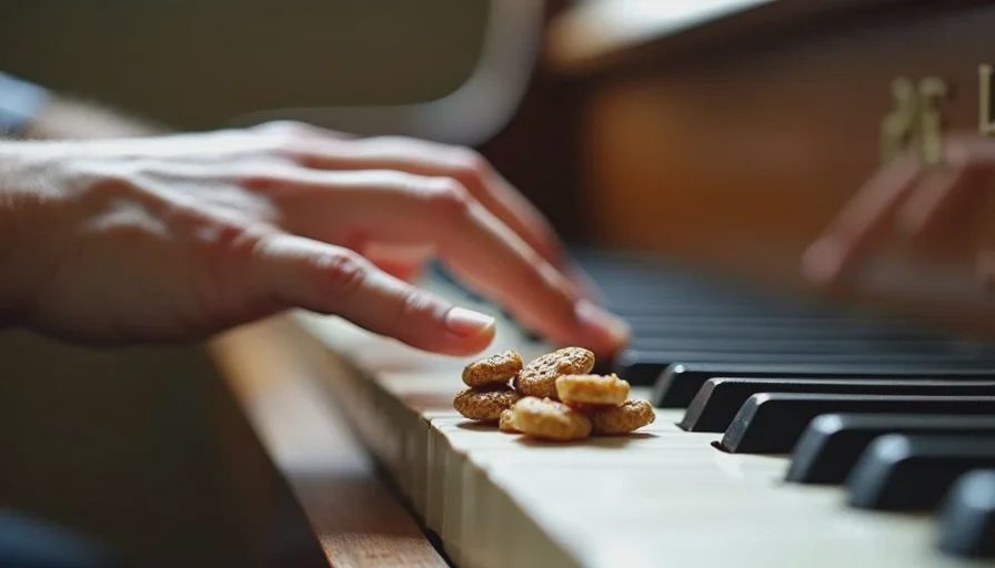 Pairing low-level sound with something good Hands playing piano with treats ready on the bench