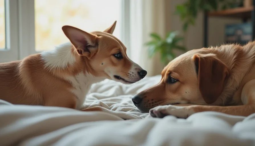 After the conversation — settled coexistence Senior and younger dog resting near each other after clear communication