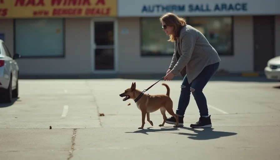 The moment control left the building Terrier mix pulling strongly on leash in a parking lot