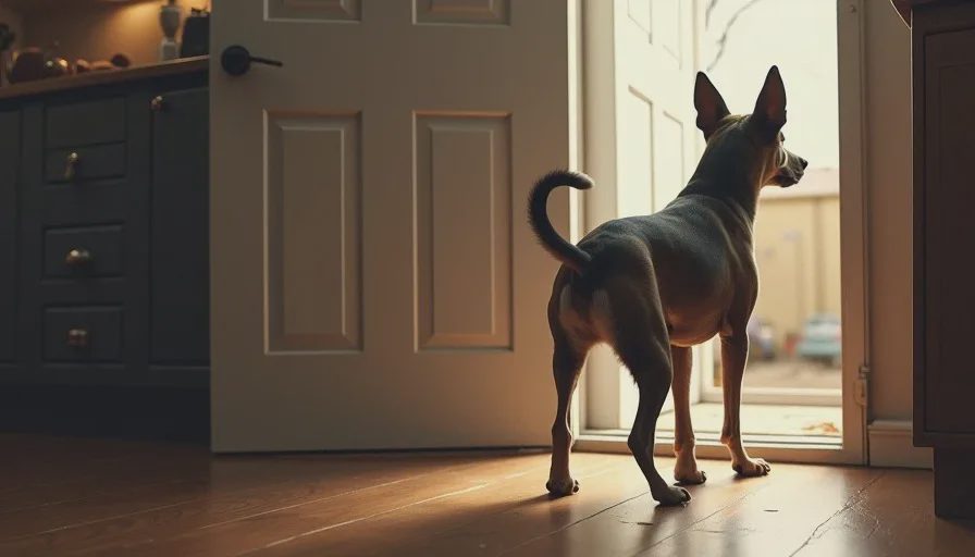 Terrier mix standing tensely near a closed door