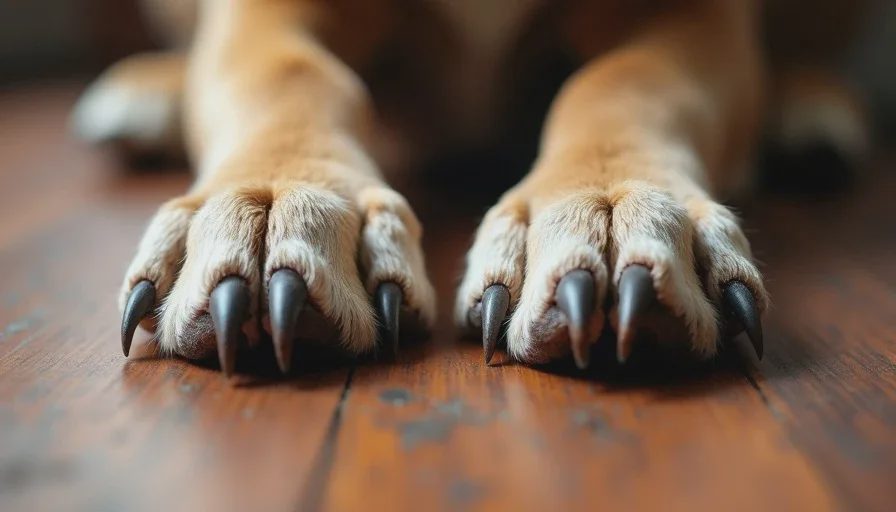 Ziggy and Maple, the two halves of the household Side-by-side paws of a young terrier mix and an older flat-coated retriever mix