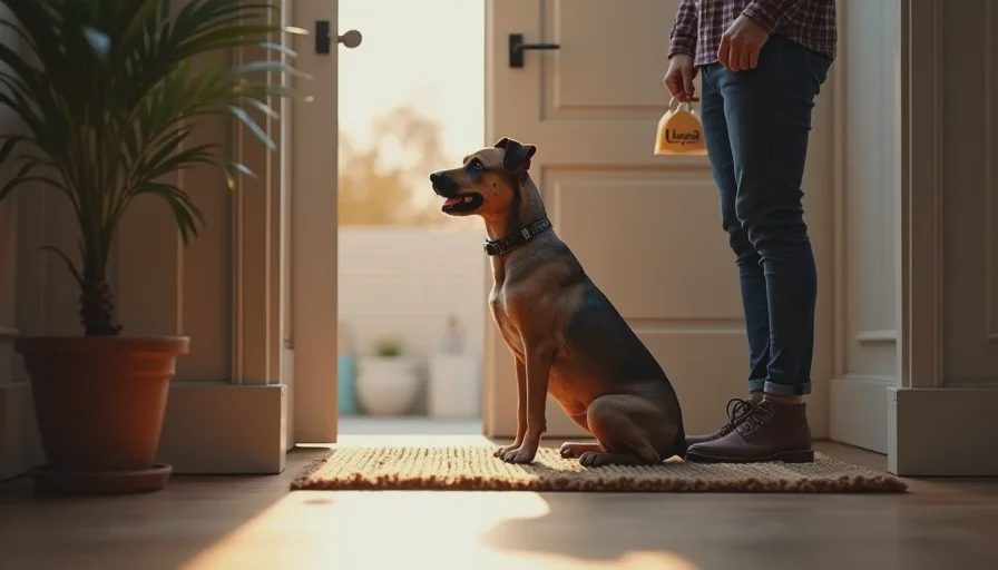 Stationing away from the door during doorbell work Dog sitting calmly on a mat near the front door