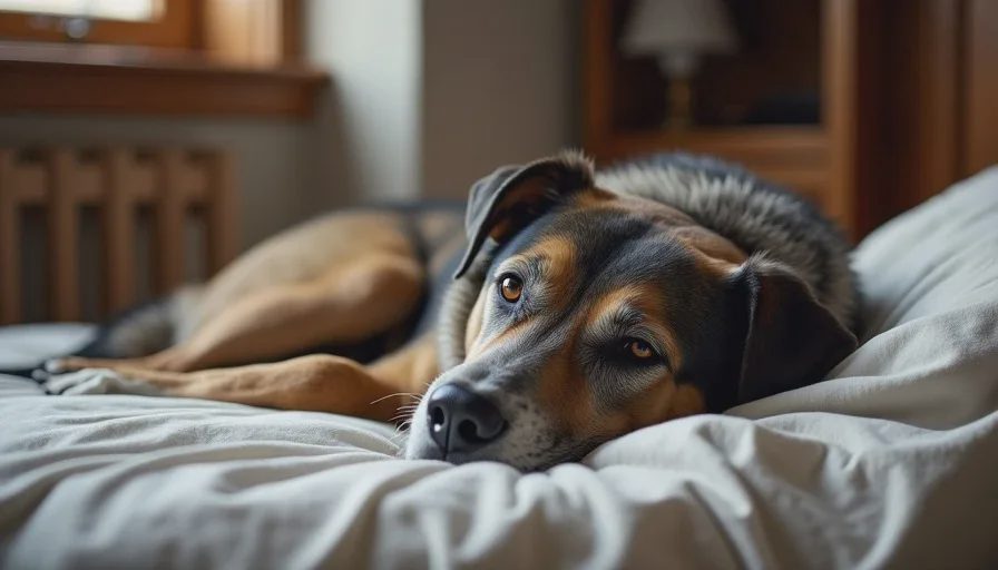 Maple at rest — the calm center of the household Senior flat-coated retriever mix resting with gray muzzle visible