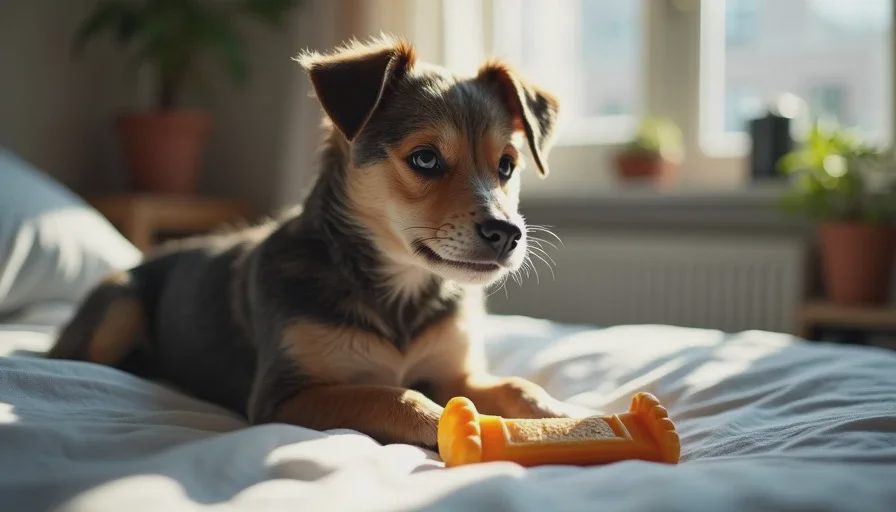 What settled looked like after the real work Dog resting calmly with a basic chew on a bed