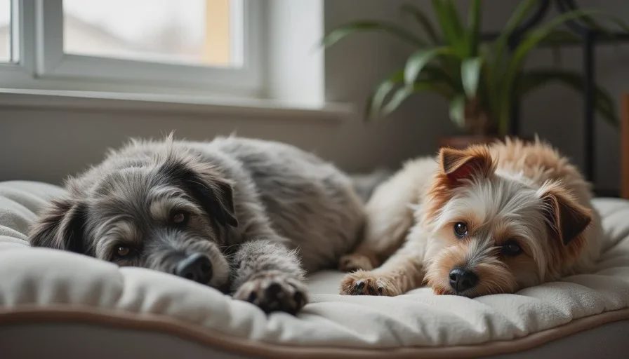 Shared space at different life stages Senior dog and younger dog resting near each other in a living room