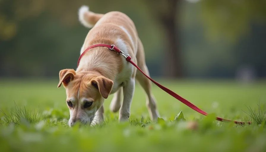 Sniffing as real work, not a distraction from the walk Dog sniffing intently in grass on a long line