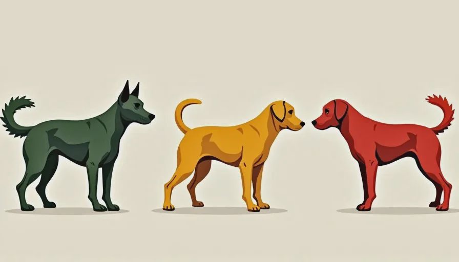 Visual guide to the red-yellow-green stress scale Three progressive dog postures showing green, yellow, and red stress levels