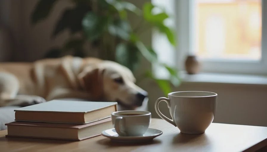 Reading with the household in view Coffee and books with a dog resting nearby