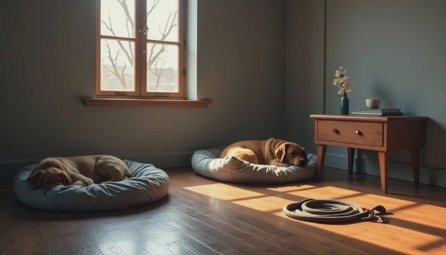 After the work — ordinary peace Quiet home scene with two dog beds and a coiled leash