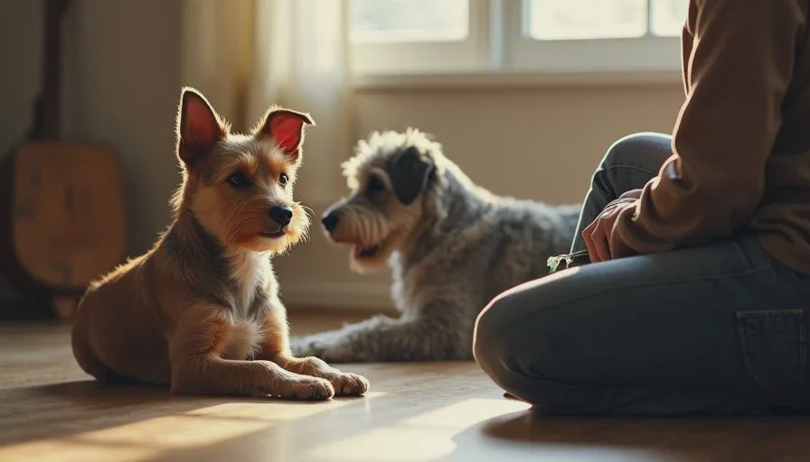 The view that changes the conversation Person sitting at floor level with two dogs in a calm home