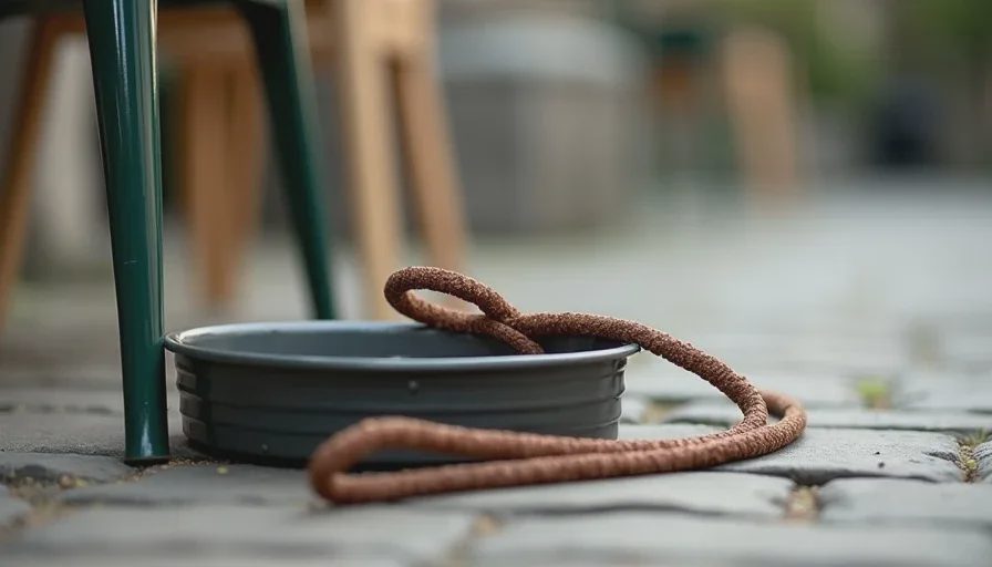The small details that make a patio workable Water bowl and leash on a cafe patio