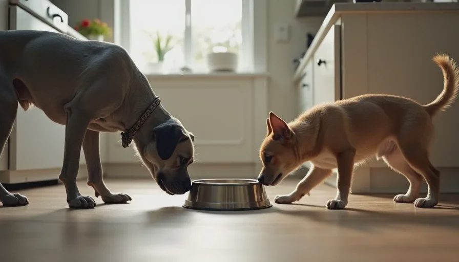 Separate feeding stations reduce pressure Two dogs eating calmly from separated bowls