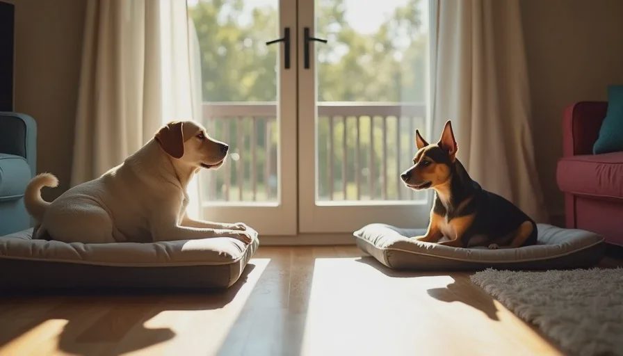 Enough resting places for both to choose comfort Senior and younger dog resting on separate beds with space between