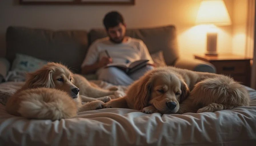 After the routine — the house finally softens Two dogs deeply settled in a quiet evening home