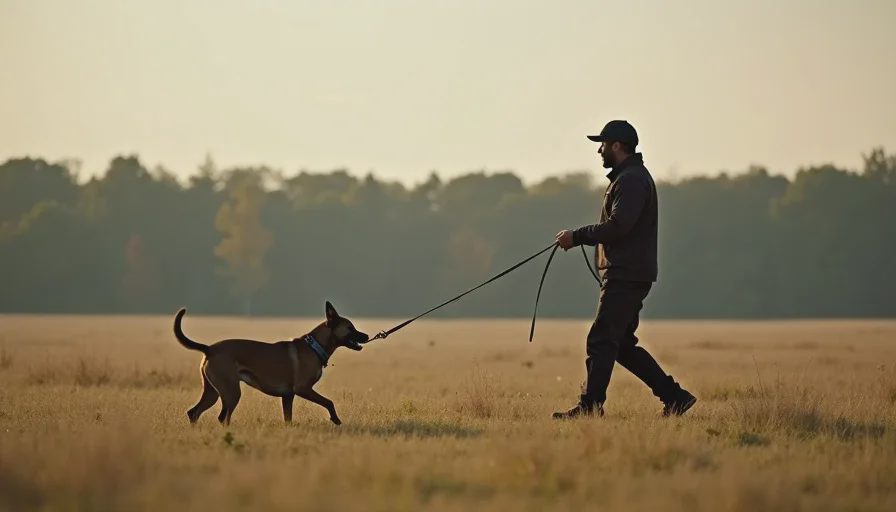 Dog enjoying off-leash style sniffing on a long line in open space