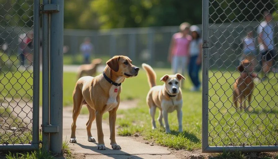 Mixed group of dogs inside a public dog park