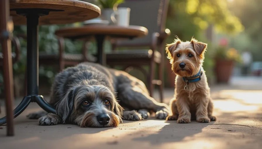 Different dogs, same patio — different needs Two dogs settling on a shaded coffee patio