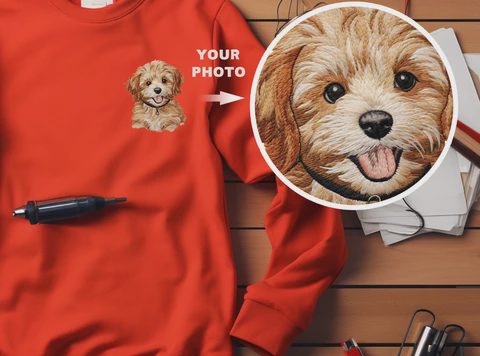 Dense thread, visible texture: the portrait sits in the fabric, not on top of it. mystichot-red-sweatshirt-with-an-embroidered-dog-portrait