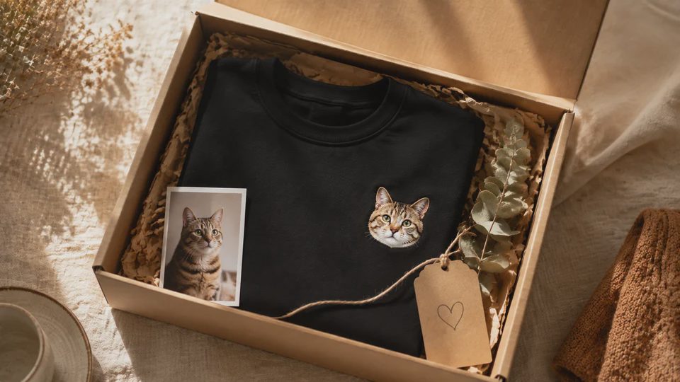 The reaction is the point: they open the box and see their own pet looking back. Hands unwrapping a kraft-paper gift box to reveal a folded grey sweatshirt with an embroidered cat portrait